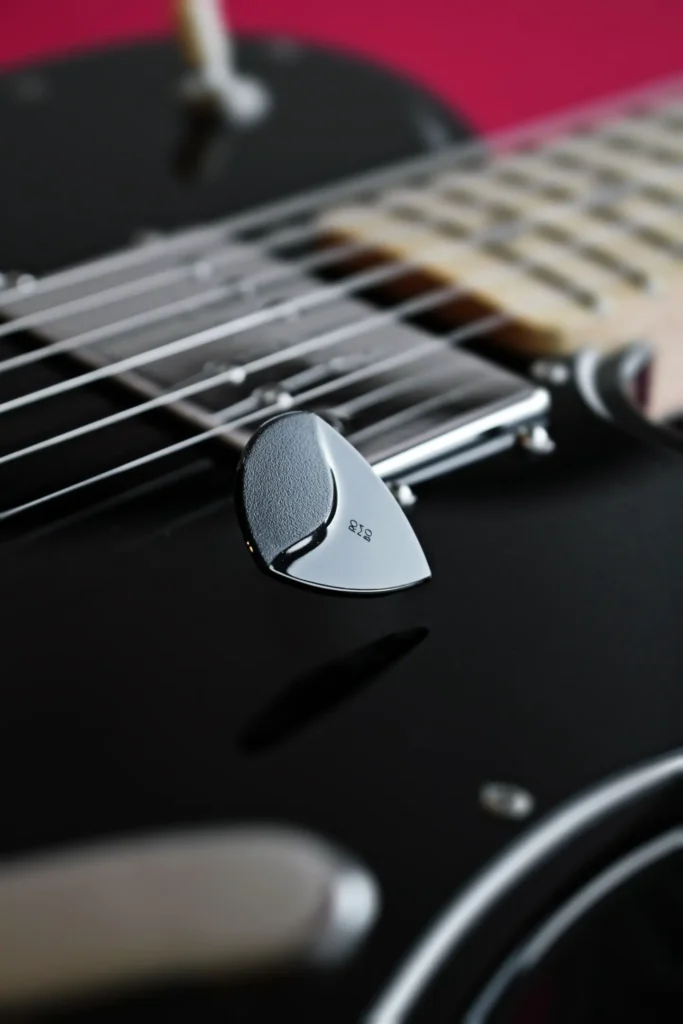 Close-up of an electric guitar with a pick